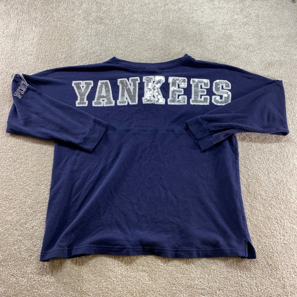PINK Victoria's Secret Yankees Sweatshirt Womens Large Navy Excellent Lace Up - Picture 9 of 10